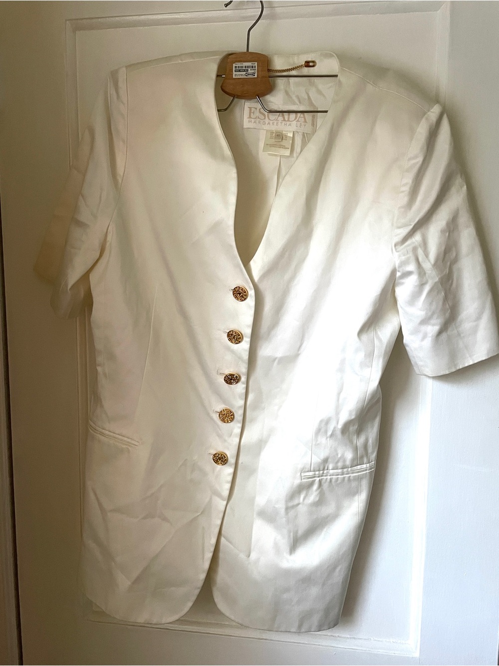 Escada Cream White Short Sleeve Blazer with Decorative Gold Buttons